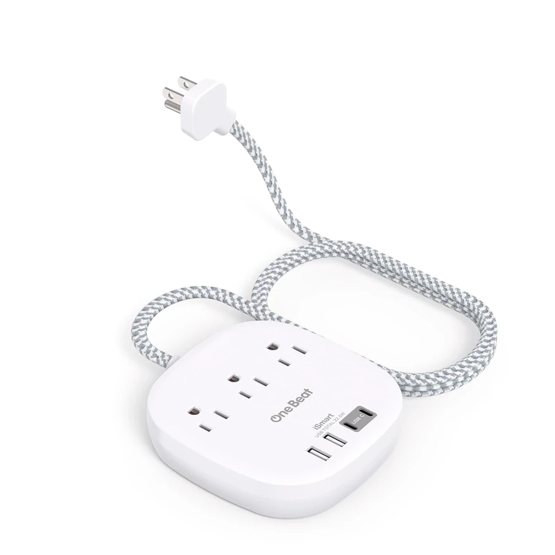 One Beat 6ft Flat Plug Power Strip - 3 Outlets, 4 USB (2 C) + Surge Protection