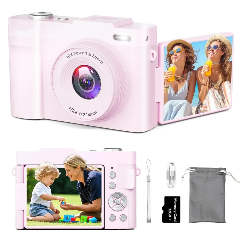 Nisumkey 4K 50MP Compact Camera - 180 Flip Screen, 16X Zoom, 32GB Card