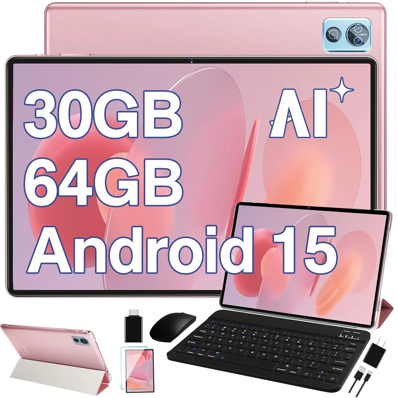 DEERTiME 2025 Latest Tablet 10 inch Android 15 Tablets with Keyboard, 30GB RAM 64GB ROM 2.0GHz Octa-Core, Dual Camera, 1TB Expand, Widevine L1, 5G WiFi, BT 5.0, 2 in 1 Tableta PC (Black) - Image 1