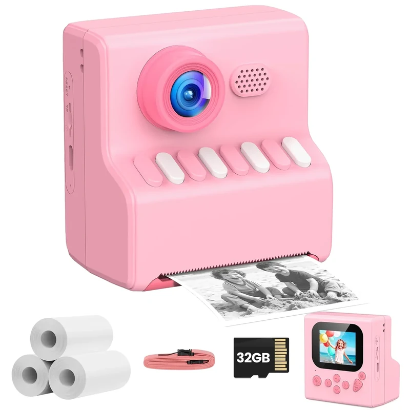 HODDRCCN Kids Instant Print Camera Pink - 1080P HD, 32G, 225 Photos