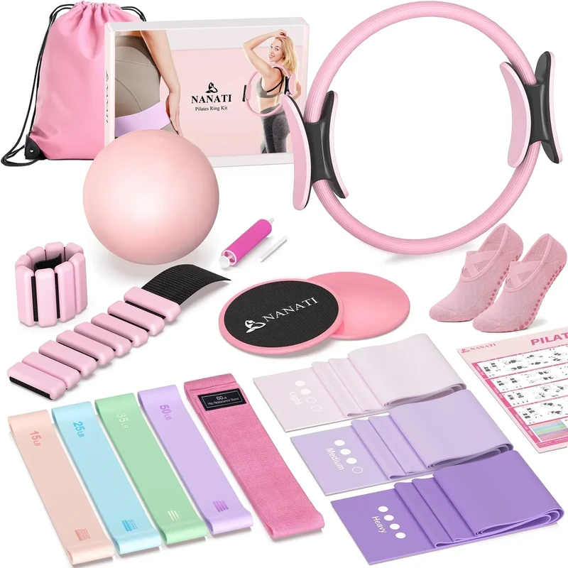 Pilates Kit 19PCS, Pilates Essentials Kit for Women, Pilates Equipment with 14.5" Pilates Ring and Ball, 8 Resistance Bands, Ankle Weights, Sliders & Grip Socks Accessories for Starter Home Workouts