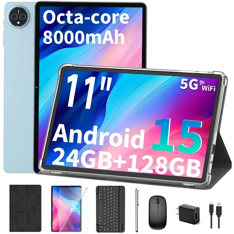 2026 11 inch Tablet, Android 15 Tablet with Keyboard, 24GB RAM+128GB ROM(2TB Expand), 8000mAh, Gemini AI, 2.4G/5G WiFi, BT5.0, GMS, Octa-core, 2 in 1 Tablets with Case, Mouse, Stylus(Black Case)