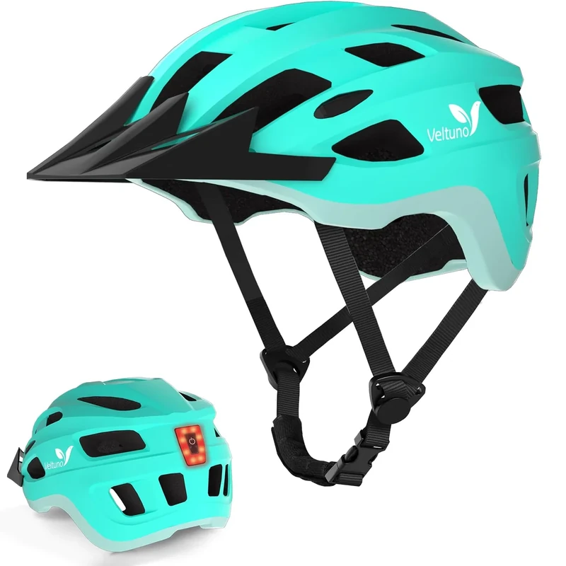 Veltuno Bike Helmet for Adults, Lightweight Mountain Bicycle Helmet with USB Rechargeable LED Rear Light, Removable Sun Visor for Women, Men, Suitable for Cycling and Commuting (Cyan, Large)