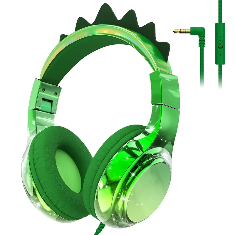 QearFun Kids Dinosaur Headphones Wired with Mic, 85/94dB Safe Volume Limit, Sparkly Wired Headset, Foldable, Sharing Port & Tangle-Free Cord for School, Chromebook, Tablet, Travel, Boys & Girls