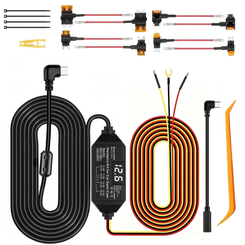 Dash Cam Hardwire Kit USB C, 12V-24V to 5V/3A Adapter Power Cable with Voltage Display, 24/7 Parking Mode, Acc Detection, 4-Level Low Voltage Protection (11.6V/11.9V/12.2V/12.5V)