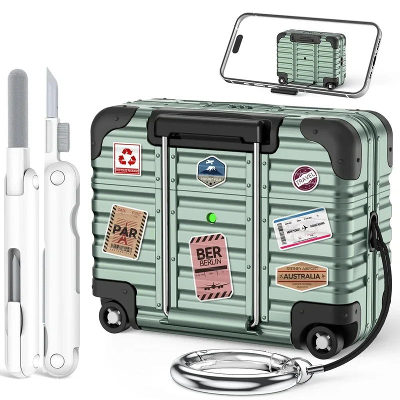 with Safety Lock for AirPods Pro 2nd/1st Generation Case Cover with Cleaner kit,Cute Funny Suitcase Design AirPods Pro 2 Charging Case,Hard PC Full Protection Cover for Women Men with Keychain-Green