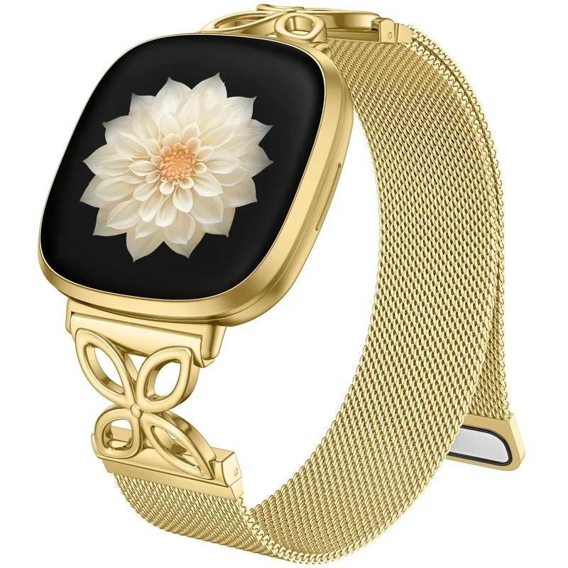 JKD Metal Band Compatible with Fitbit Versa 4 Bands for Women/Fitbit Sense 2 Bands for Women, Floral Shape Stainless Steel Mesh Loop Strap Replacement for Fitbit Versa 4/Versa 3/Sense Smartwatch, Gold