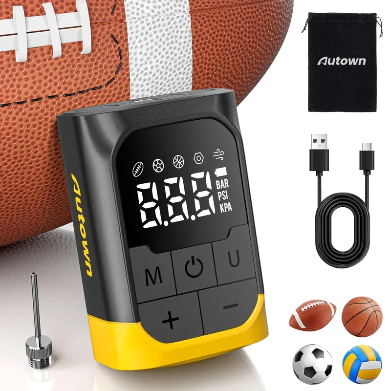 AUTOWN Smart Electric Ball Pump for Sports Balls, 17 PSI High-Pressure Basketball Pump with 2600mAh Battery, Digital LCD Display & Accurate Pressure Gauge, Fast Inflation & Deflation for Soccer, Rugby