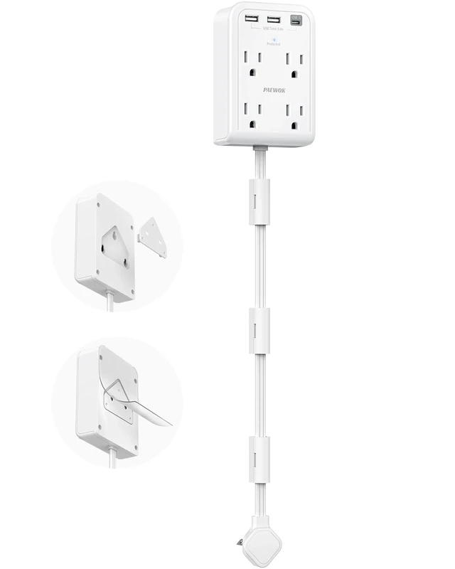 Short Power Strip 2FT - Flat Wall Extension Cord with 4AC Outlet and 3 USB Ports(1 Type C), Multi Plug Outlet Extender Small Surge Protector for Home Office Dorm, White