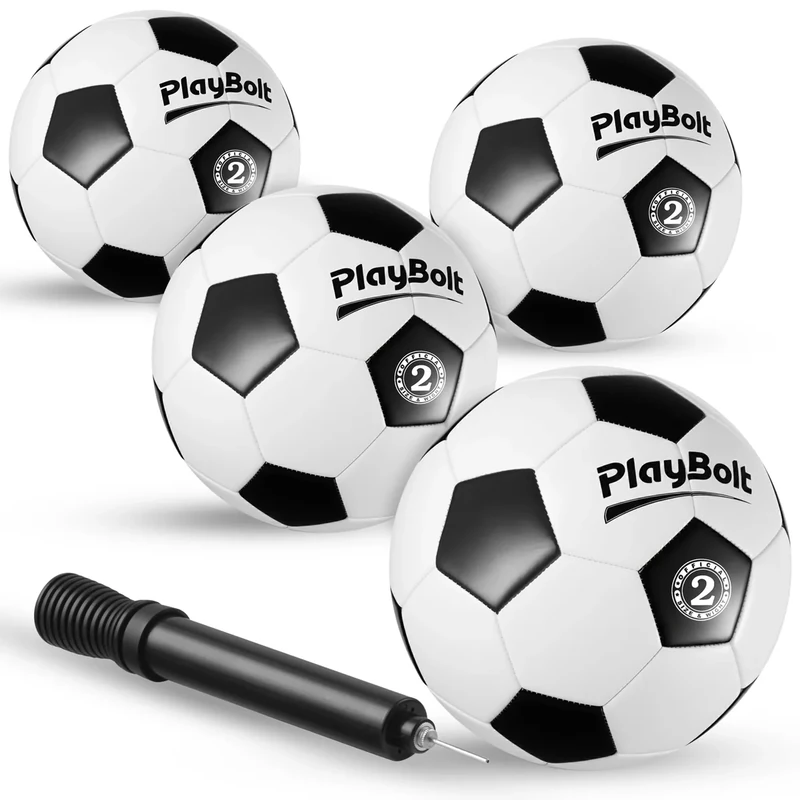 PlayBolt Soccer Ball Size 2 - Official Size Soccer Balls with Pump in Classic Black and White for Kids Youth & Toddler Sports, Indoor & Outdoor (Pack of 4)
