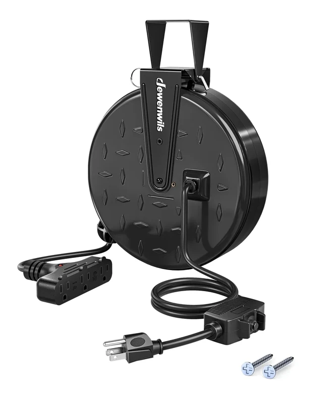 DEWENWILS 30 ft Extension Reel - 16/3 Gauge, 3 Outlets, 10A