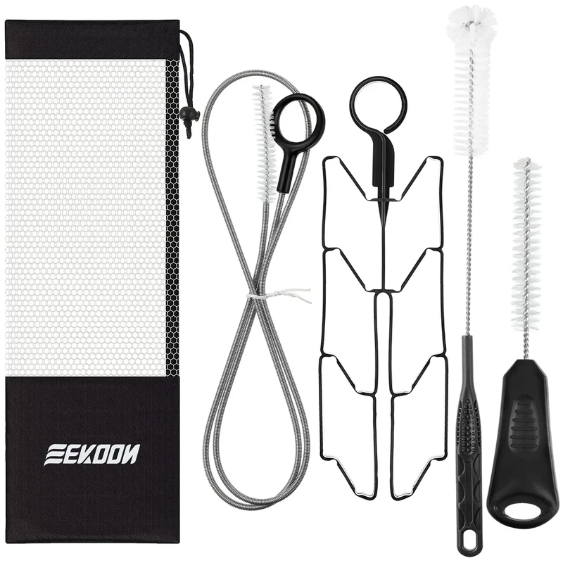 4 Pcs Set Reservoirs Backpack Accessories Hydration Bladder Cleaning Kit with Flexible Long Brush for Hose, Small Bite Valve and Big Brush, Drying Collapsible Bladder Frame, Carrying Pouch (Black)