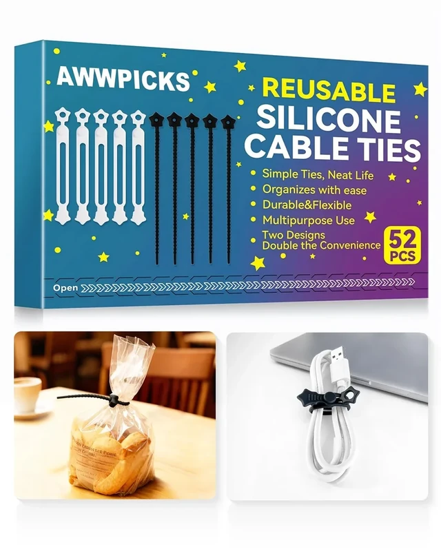 KLKE 52 Pack Silicone Cable Ties, Reusable Star Design Cord Organizer Straps in 2 Styles, Durable & Stretchable Wire Management for Home, Office, Travel (Black&White)