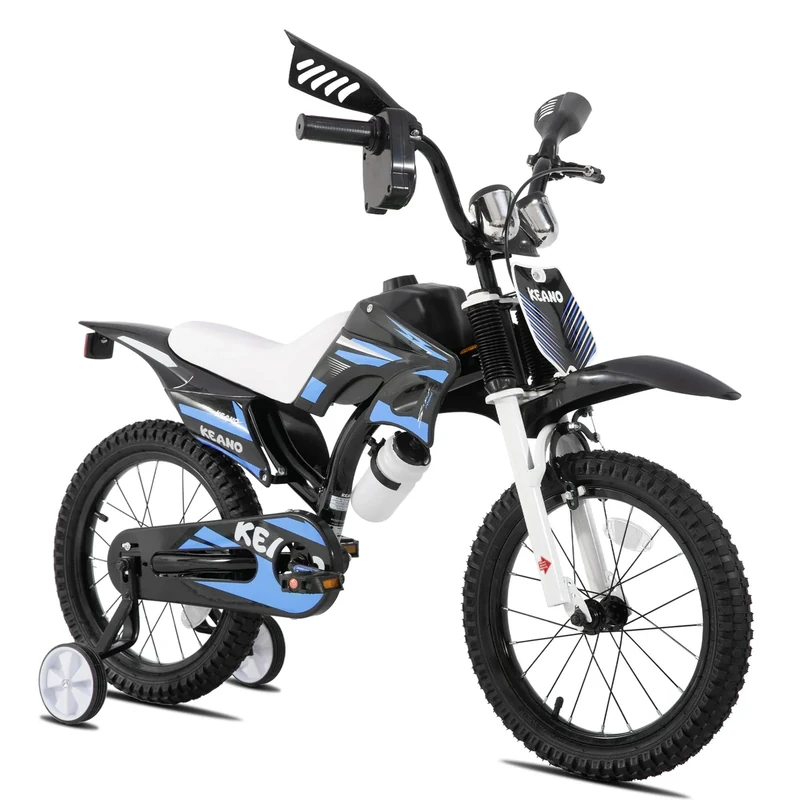 KEANO Motocross Style Kids Bike for Boys Girls Ages 4-7 Years, 16 Inch Bikes with Training Wheels and Number Plate, Toddler Bike Children Bicycles Blue