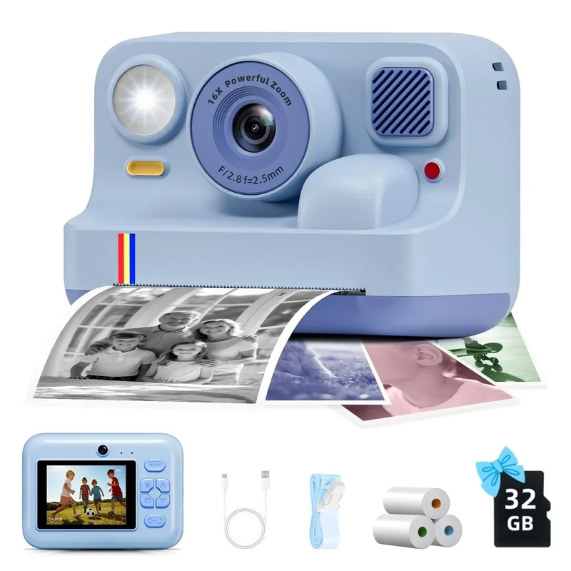 Instant Print Camera for Kids, Christmas Birthday Gifts for Girls Boys Age 3-15, 1080P Selfie Portable Digital Video Camera with 32GB SD Card, 3-Colored Print Paper- Blue