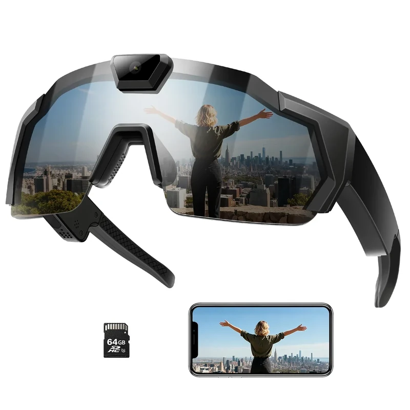 ZEYEHU Smart Camera Glasses for Action Sports, HD Video Recording Glasses with 64GB Memory, Action Audio Camera Sunglasses for Men Women Outdoor(Black)