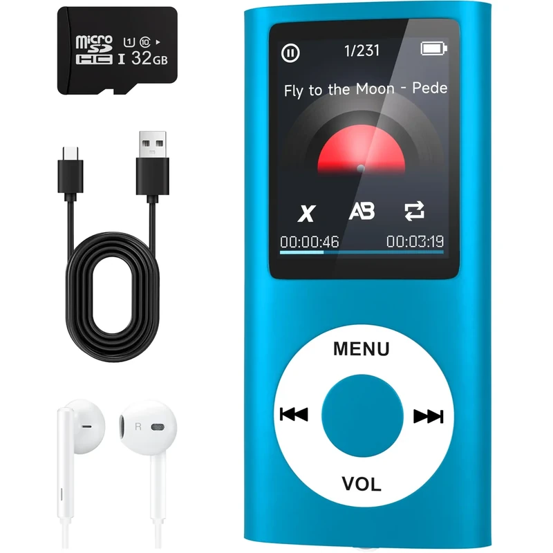 MP3 Player with Bluetooth 5.2,Portable Music Player with 32GB Memory Card, Stereo Earphone, Voice Recorder/Video/Photo Viewer/E-Book for Kids,Gift