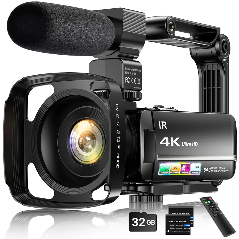 FJFJOPK 4K 64MP Vlog Camcorder - 18X Zoom, Night Vision, Touchscreen