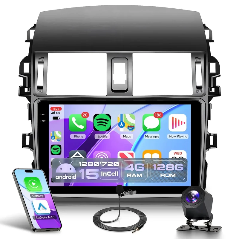 4Core 4G+128G Android 15 Car Radio for Toyota Corolla 2009-2013, Rimoody Car Stereo Wireless Carplay Andorid auto Mirror Link 9'' HD Touchscreen GPS WiFi Bluetooth 5.0 FM/RDS EQ-32 SWC Backup Camera