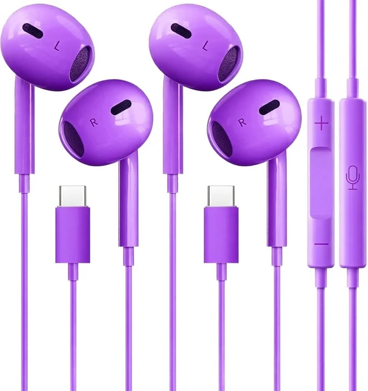 Nimizo 2-Pack USB-C Earbuds with Mic Remote & Noise Cancel Purple