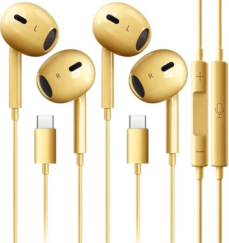 2 Packs USB C Headphones for 16 15 Earbuds with Microphone & Volume Control HiFi Stereo Type C Earphones for Galaxy S23/S22/S21/S20/Ultra Note 10/20, for Pad Pro Pixel 7/6/6a/5/4 OnePlus 9 8-Gold
