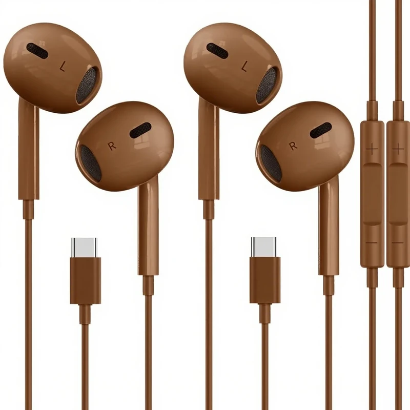 Toperson Brown USB-C Earbuds 2 Pack - Wired Mic, Noise Cancel, Galaxy