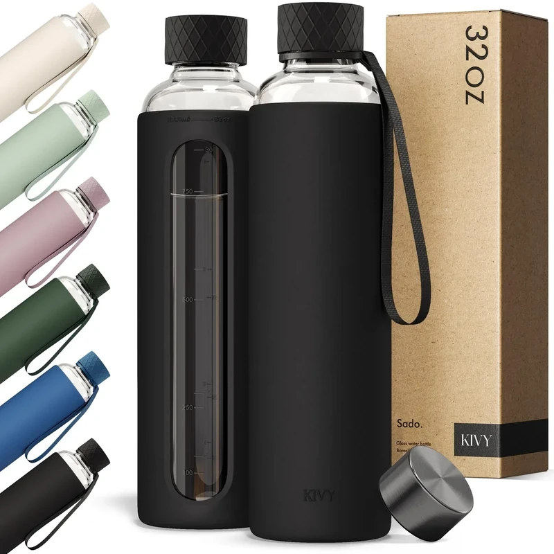 KIVY Glass Water Bottle with Silicone Sleeve 32 oz [WITH MEASUREMENT] - Borosilicate Glass Water Bottle Screw Top - Clear Bottles with Measurement Marking - Slim Waterbottle Aesthetic - Black