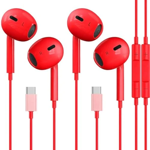 Mutsrd 2-Pack USB-C Earbuds with Mic & Remote - Noise Cancelling, Red