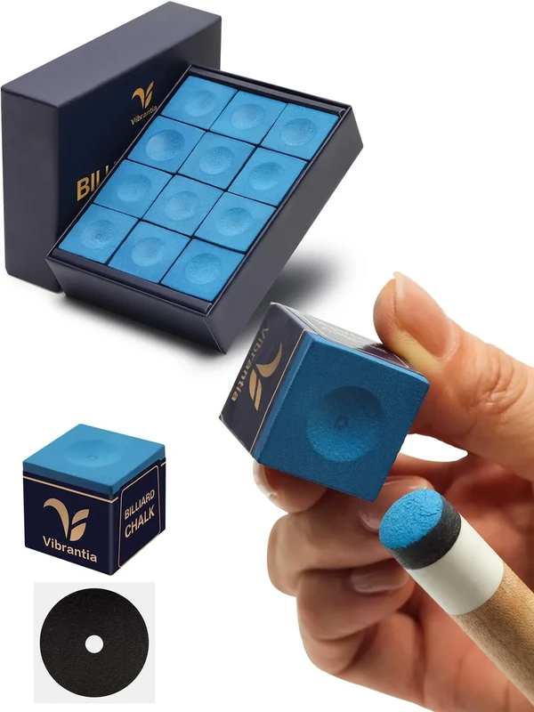 VIBRANTIA Pro Pool Cue Chalk, Tournament Standard Billiard Chalk, 12 Cubes/Box with Travel Storage Box,Low Dust, Super Dense, Suitable for Snooker/Pool/8-Ball