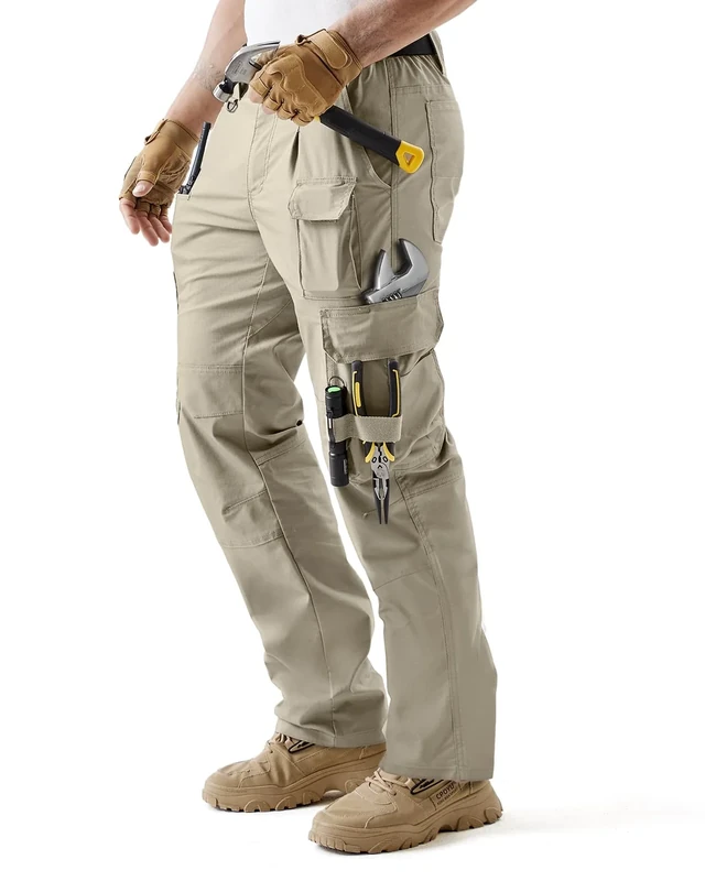 IGOLUMON Men's Stretch Tactical Work Pants, Breathable Ripstop Cargo Pants with 15 Pockets, Construction EDC Hiking Pants Khaki