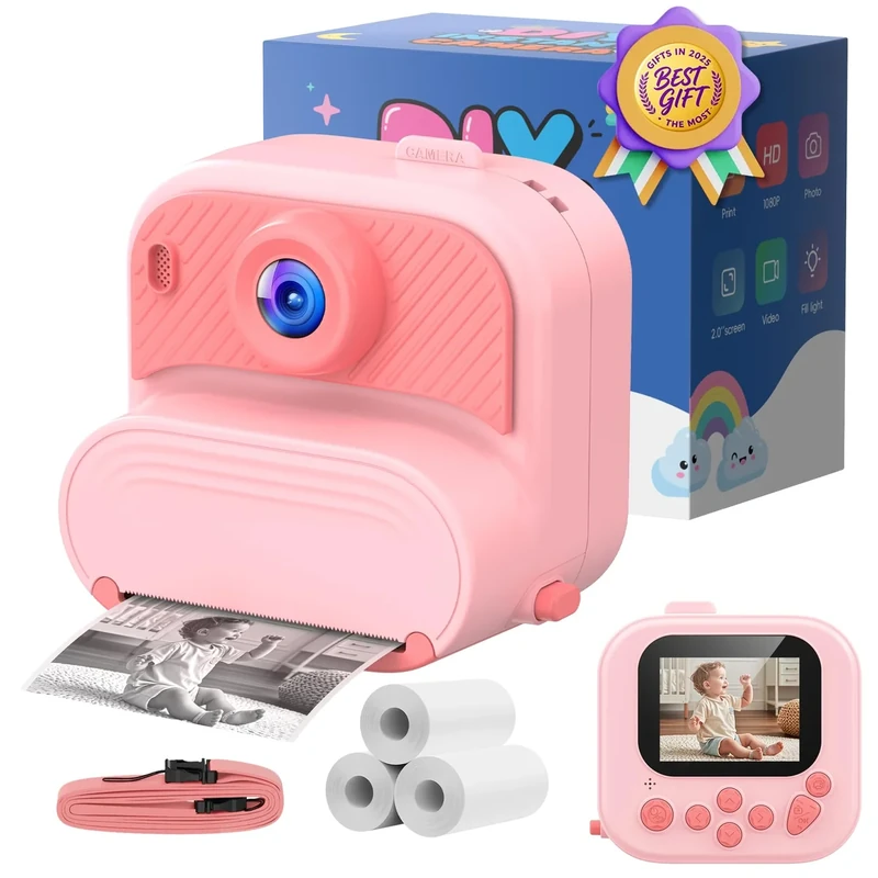 SOOGOOEY Kids Instant Print Camera - 1080P HD, Pink, Ages 3-12 Gift