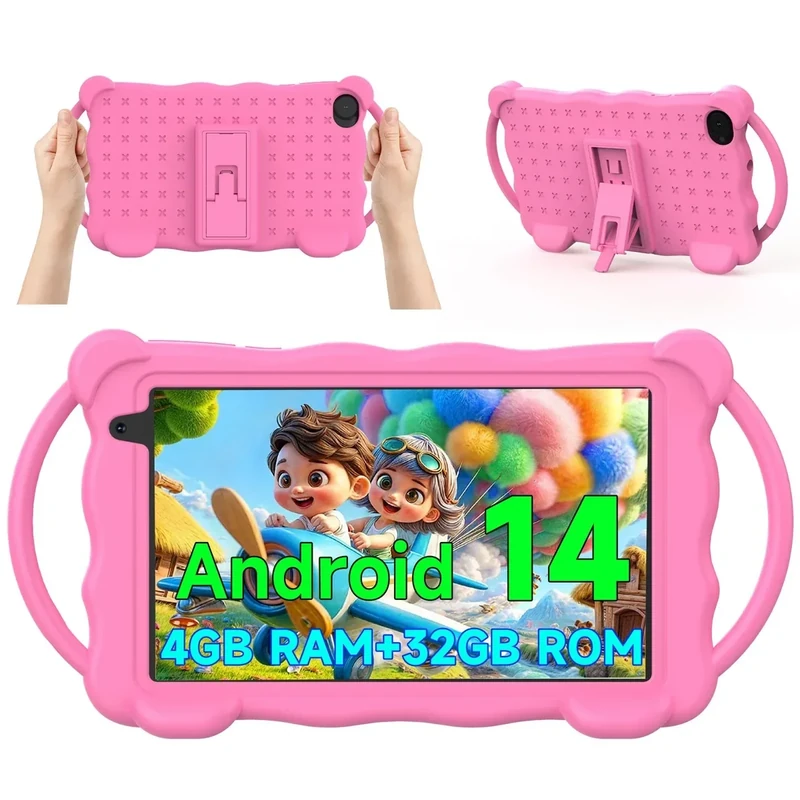 Vyrolinia Kids Tablet 7 inch Android for Toddler, 4GB (2GB+2GB Expand) RAM 32GB ROM Bluetooth IPS Screen Google Play YouTube Parental Control Dual Camera Shockproof Case for Educational Games (Pink)