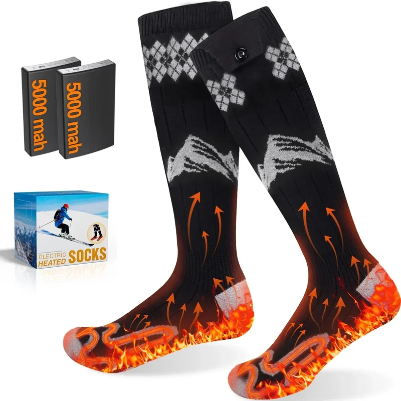 Heated Socks for Men Women, Rechargeable Electric Socks 5000mAh Battery*2 with 4 Heating Levels 3D Heating for Skiing Hunting Riding Camping Hiking Fishing Cycling Outdoor Warm Winter Socks (Grey)
