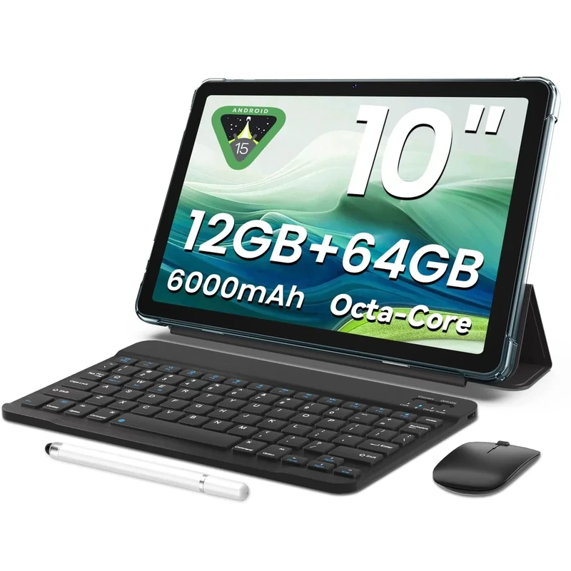 EHFiDC 10.1 Inch Android 15 Tablet with Keyboard, 12GB+64GB, 2TB Expand, Octa-Core, 1280x800 HD Touchscreen, WiFi 5, Dual Camera, BT5.0, 6000mAh, Widevine L1, Mouse, Stylus, Case(Blue)