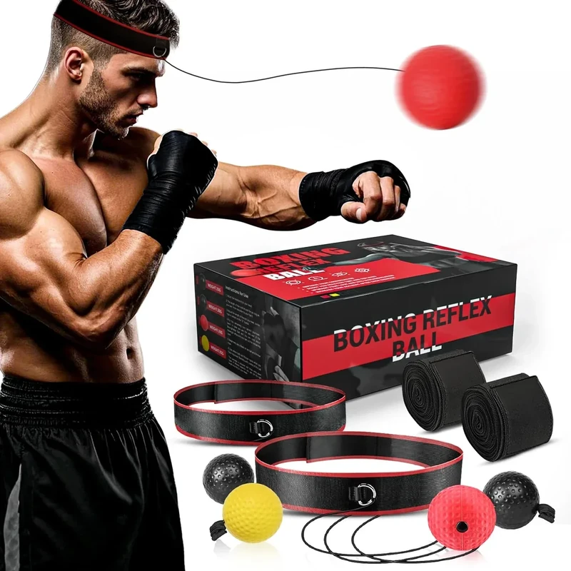 KTEBO® Boxing Reflex Ball Headband Set - Includes 4 Different Balls, 2 Adjustable Headbands and 2 Boxing Hand Wraps for Beginner Proficiency Improvement, Great Boxing Equipment