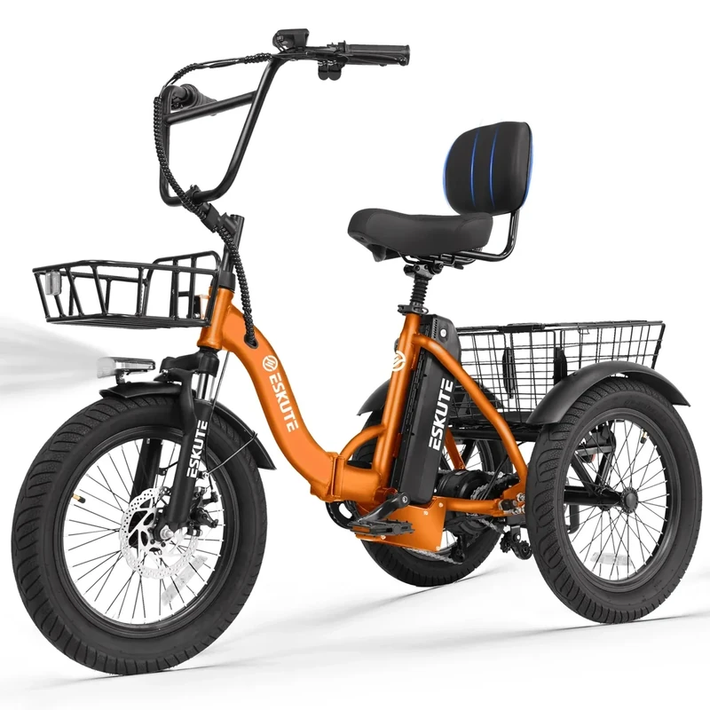 ESKUTE E Trike Electric Bike, Peak 1200W Brushless Motor Folding Trike 18X3.0 Fat Tire Ebike, 499Wh Battery, Step-Thru 3 Wheel Electric Bicycle, 55 Miles, 18MPH+ Tricycle for Adults Orange
