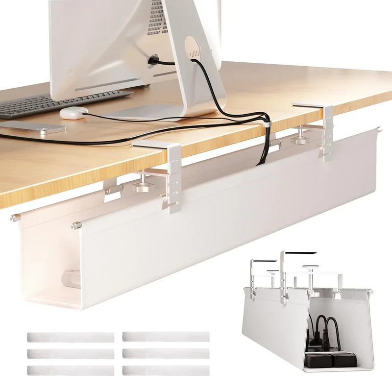 [Upgraded] Large Under Desk Cable Management Tray, Cinati Cable Management Under Desk No Drill, 28.4" Fabric Cord Hider for Wire Organizer, Cord Organizer for Office, Home - Supports Up to 30lbs White