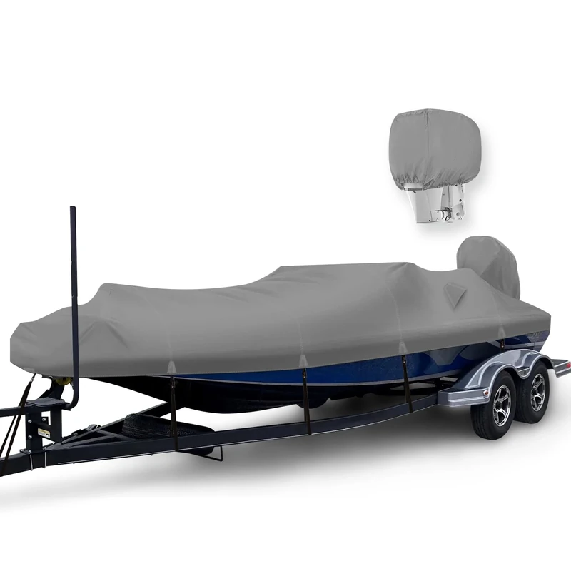 HAHASOLE Waterproof 1200D PU Boat Cover, Heavy Duty 16'- 18.5' Marine Grade Trailerable Polyester Canvas, Fits 16-18.5ft V-Hull, Runabout, Ski, Fishing Boat, Bass Boat with Tightening Strap, Darkgray