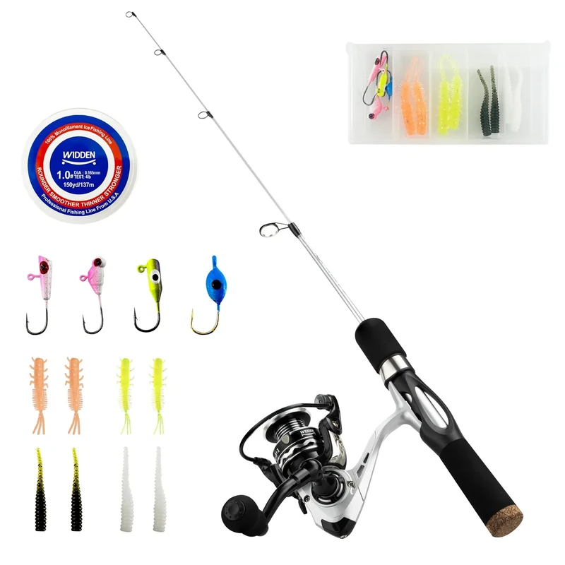 WIDDEN Ice Fishing Rod and Reel Combo, 27" Medium Light Spinning Ice Fishing Pole, Ice Fishing Gear with Tackle Box Kit Fishing Line Fishing Lures for Saltwater Freshwater Trout Bass Walleye