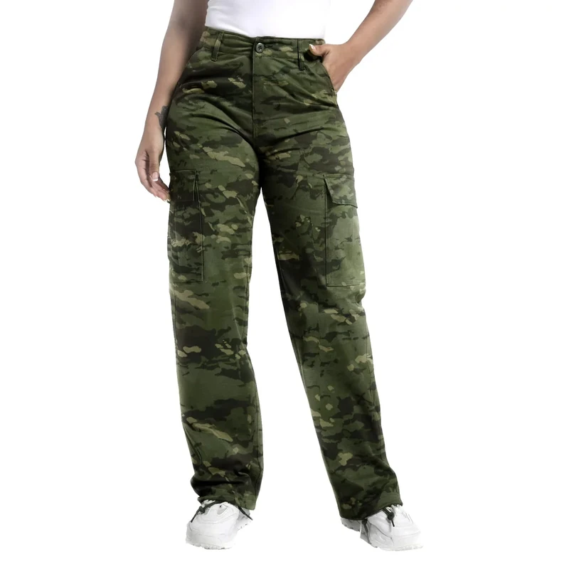 Soulsfeng Womens Camo Baggy Cargo Pants Relaxed Fit Straight Wide Leg Cotton Hiking Pants Size 4