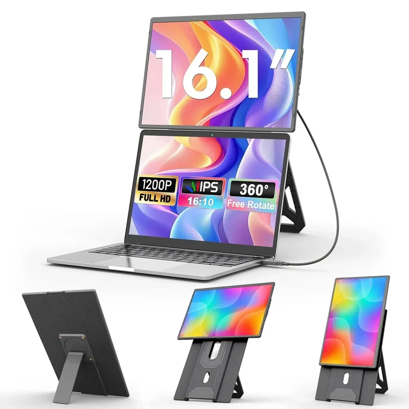 domyfan 16.1'' Laptop Screen Extender, 360° Rotating Detachable Stand/VESA Support, FHD 1200P IPS Portable Monitor, Plug & Play with HDMI/USB-A/Type-C, Compatible Win/Mac/Android