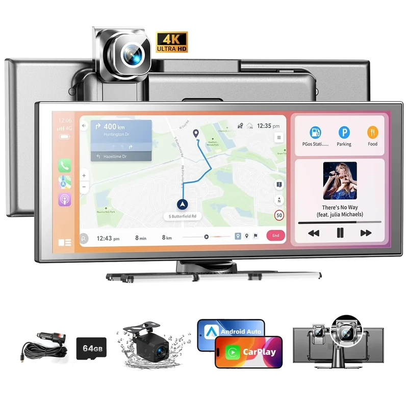 11.5" Extra-Large Carplay Screen for Car, Wireless HD Screen for Carplay & Android Auto Car Stereo with 4K Dash Cam 1080P Backup Camera, GPS Navigation/Bluetooth/Mirror Link/Voice Control/AUX/FM/Siri