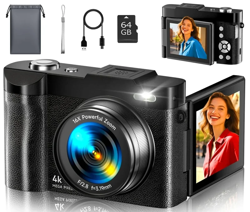 Ploomen 4K 50MP Autofocus Vlog Camera - 2.8" Flip Screen, 64GB SD