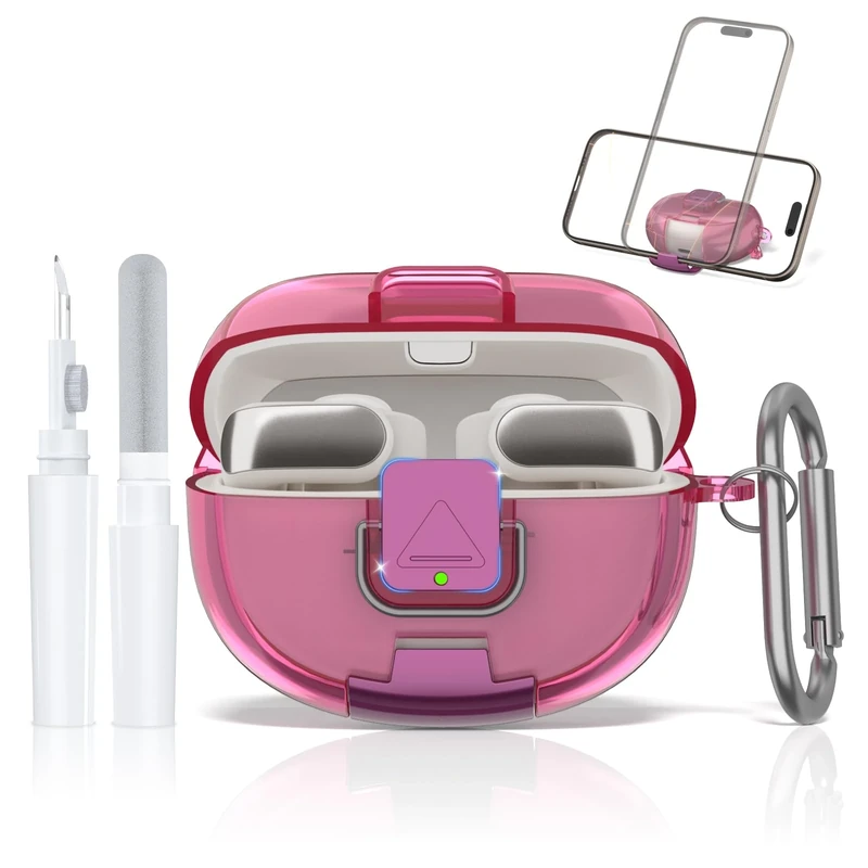 LAKSDIURT for Bose Ultra Open Earbuds Case with Secure Lock & Phone Stand, Soft TPU Shockproof Protective Clear Case for Bose Open Ear Earbuds Accessories with Cleaning Pen & Keychain (Deep Rose)