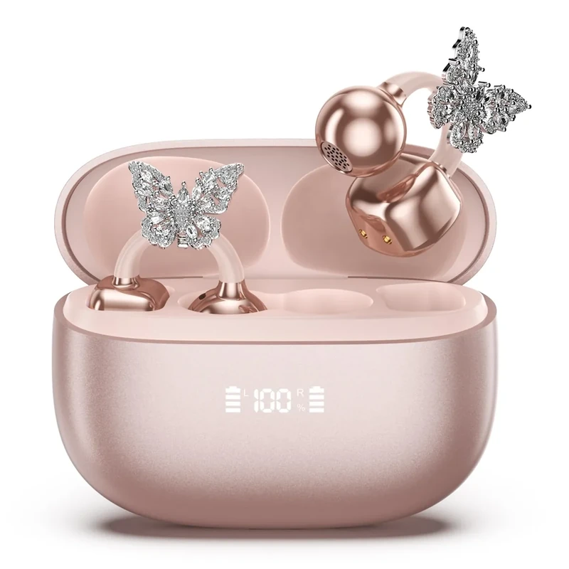 PAXA Bling Open Ear Clip On Earbuds with LED Display & Crystal Butterfly Earrings, Comfort Bluetooth 5.4 Wireless Ear Buds 50H Playtime for Women Girl Work, Fitness, Daily Wear, Gift, Rose Gold