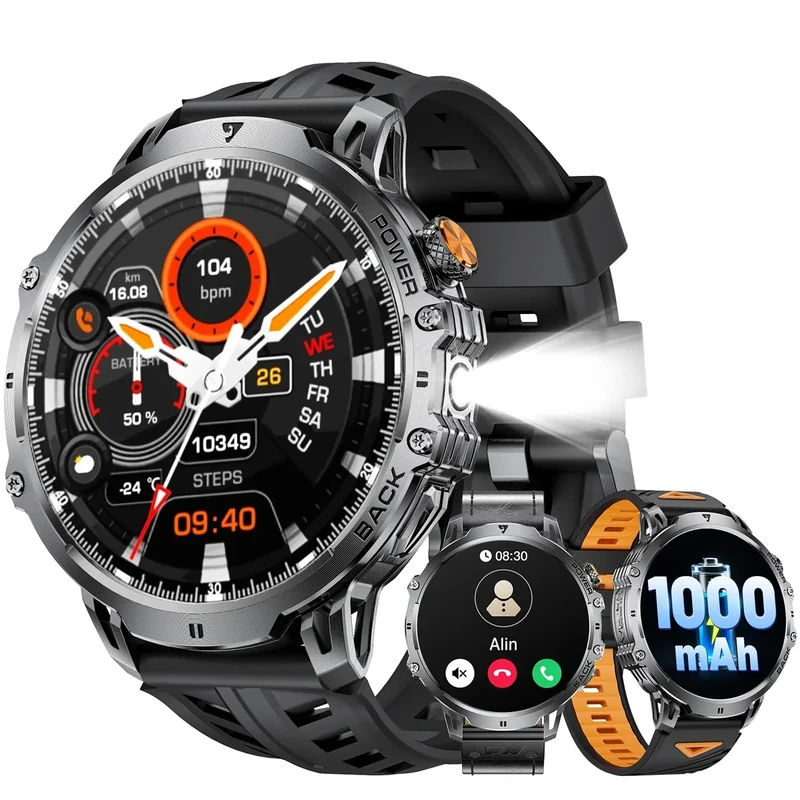 LIGE Military Smart Watches for Men(3 Bands),1000mAh/1.85" HD Large Screen Smartwatch, Flashlight/110+ Sports Modes/IP68 Waterproof/Sleep Monitor, Fitness Tracker Watch for Android iOS,Jet Black