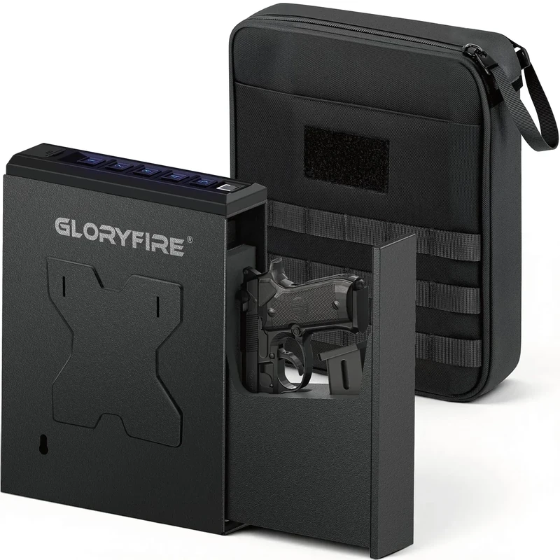 GLORYFIRE Gun Safe Biometric Pistol Safe, Mounted Nightstand Quick Access Handgun Safe and Gun Lock Box for Car, Truck, Desk, Bedside, Wall with Security Fingerprint, Key Access, PIN Code