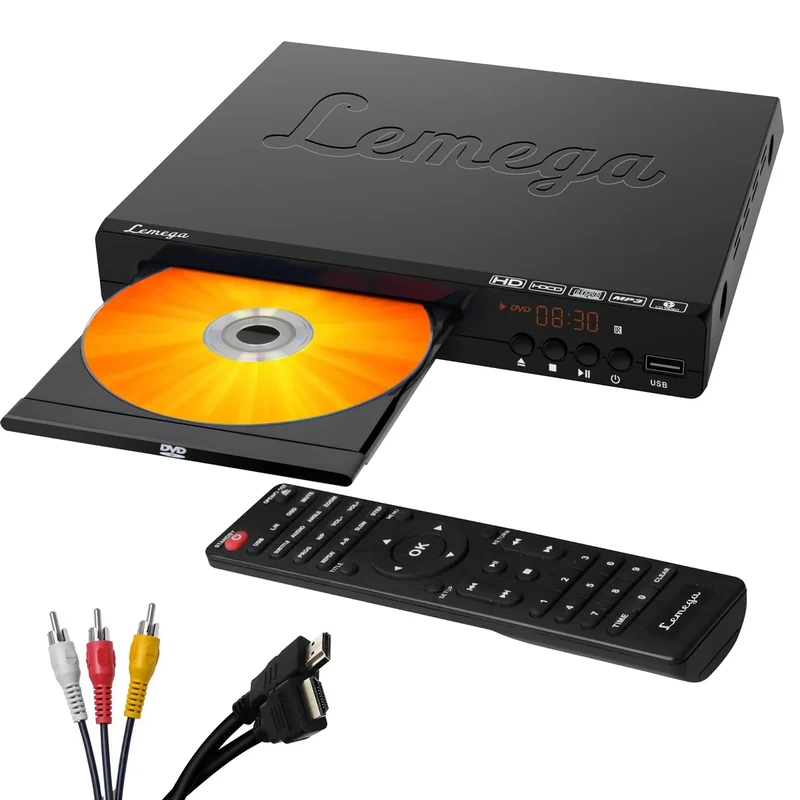 Lemega PlayHD DVD Player – Multi-Region Region-Free Video Player with HDMI Output & 1080p Upscaling, USB/CD Playback, RCA/AUX Ports, Compact Design for TV & Smart TV, HDMI Cable Included