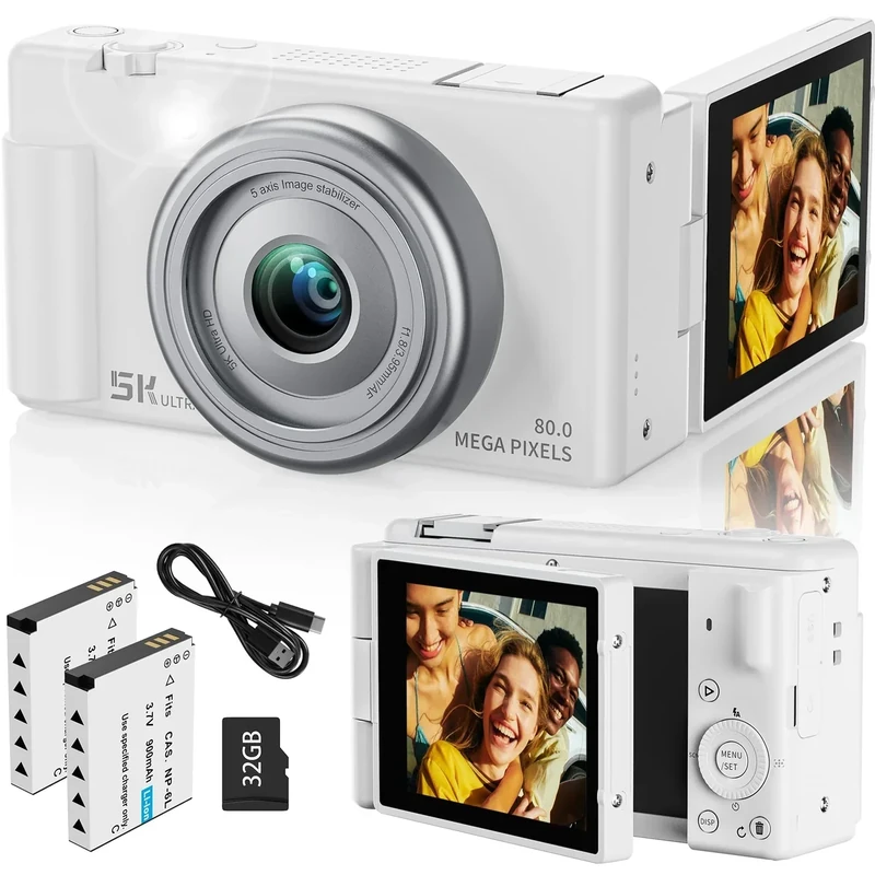 True 5K Digital Camera for Photography, Autofocus 80MP with 18X Digital Zoom 3" 270°Flip Screen Dual-Lens Selfie Camera for YouTube Vlogging & Content Creation, 2 Batteries, 32GB Card & Flash，White