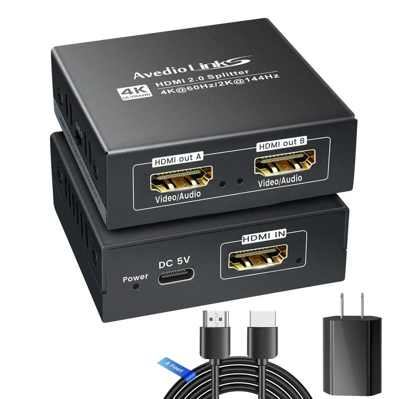 HDMI Splitter 1 in 2 Out 4K@60Hz w/ 4ft HDMI Cable, HDCP Bypass HDMI Audio Splitter for Soundbar, Support Dobly Vision/Atmos 7.1ch,Down Scaler 4K 1080P Sync, 2K@144Hz,Work for Firestick, PS4/5, Roku